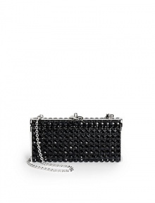 THE LOOKRemovable shoulder chainRectangular shapeEncrusted with jet black caviar Austrian crystalsPush-lock clasp closureInside logo detailTHE MEASUREMENTRemovable shoulder chain, 9 drop6W X 3H X 1¼DTHE MATERIALAustrian crystalsMetal boxMetallic leather liningORIGINImported THE LOOKRemovable shoulder chainRectangular shapeEncrusted with jet black caviar Austrian crystalsPush-lock clasp closureInside logo detailTHE MEASUREMENTRemovable shoulder chain, 9 drop6W X 3H X 1¼DTHE MATERIALAustrian crystalsMetal boxMetallic leather liningORIGINImported