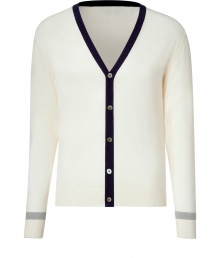 Luxe cardigan in fine, ivory cotton and cashmere blend - Supremely soft, densely woven knit - Deep V-neck with contrast navy trim at collar and button placket - Stripe trim at cuffs - Straight, slim silhouette - Streamlined and classically cool, ideal for both work and play - Pair with jeans, chinos or slim trousers and leather lace-ups or trainers