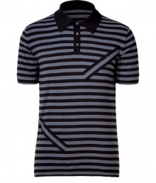 Infuse casual-cool into your off-duty look with this edgy striped polo from PS by Paul Smith -Small contrasting spread collar, front button half-placket, all-over stripe horizontal print with diagonal stripe front and back detail - Pair with slim trousers, a blazer, and oxfords Infuse casual-cool into your off-duty look with this edgy striped polo from PS by Paul Smith -Small contrasting spread collar, front button half-placket, all-over stripe horizontal print with diagonal stripe front and back detail - Pair with slim trousers, a blazer, and oxfords