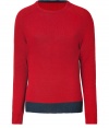 Luxurious sweater in a bright red silk-cashmere blend livens up any wardrobe - Uncommonly soft on - Narrow cut with round neck and long sleeves - Navy contrast at waist - Favorite everyday item is gorgeous alone or as a laying piece - Try with favorite jeans and boots or with corduroys and favorite sneaks