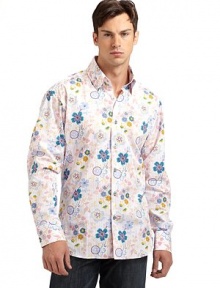 THE LOOKSpirited Euro stylingFun floral, striped and paisley combo printSignature square buttonsDistinctive button-down collarLong sleeves with button cuffsTHE MATERIALCottonCARE & ORIGINMachine washImported THE LOOKSpirited Euro stylingFun floral, striped and paisley combo printSignature square buttonsDistinctive button-down collarLong sleeves with button cuffsTHE MATERIALCottonCARE & ORIGINMachine washImported