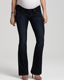 These Paige Maternity jeans are articulated in a classic bootcut silhouette and feature side elastic insets for maximum stretch. These Paige Maternity jeans are articulated in a classic bootcut silhouette and feature side elastic insets for maximum stretch.