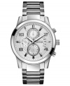 A vintage-inspired chronograph watch in polished steel, by GUESS.