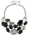 Stylish stones make you the center of attention in this frontal necklace from Haskell. Crafted from hematite-tone mixed metal, the necklace is adorned with geometric pieces in acrylic. Approximate length: 15 inches + 5-inch extender. Approximate drop: 2-1/4 inches.