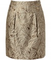 Add instant stylish pizzazz to your cocktail-ready look with this metallic mini from Hoss Intropia - Wide waistband with buttons, pleats at waistband, on-seam pockets, mini-length, all-over leaf print, back slit, concealed side zip closure - Wear with an oversized blouse, a leather jacket, and high heel booties