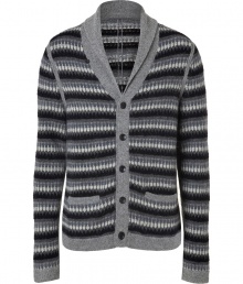 Inject an optical edge into your contemporary knitwear collection with Rag & Bones cool greyscale striped cardigan - Shawl collar, long sleeves, front slit pockets, fine ribbed grey trim, button-down front - Contemporary slim fit - Wear with tees and jeans, or over button-downs and slim cut trousers Inject an optical edge into your contemporary knitwear collection with Rag & Bones cool greyscale striped cardigan - Shawl collar, long sleeves, front slit pockets, fine ribbed grey trim, button-down front - Contemporary slim fit - Wear with tees and jeans, or over button-downs and slim cut trousers