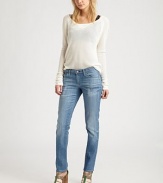 Classic straight-leg denim tailored with a slightly slimmer fit and distressed finish.THE FITFitted through hips and thighsRise, about 7¾Inseam, about 33THE DETAILSZip flyFive-pocket styleSignature stitch back pockets70% cotton/28% lyocell/2% polyurethaneMachine washMade in USA of imported fabricModel shown is 5'9½ (176cm) wearing US size 4.