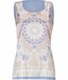 Work a graphic edge into your romantic warm weather separates with Steffen Schrauts pastel printed silk tank top - Scoop neckline, thick straps, solid periwinkle back - Loosely fitted - Wear with bright white skinnies and chunky gold jewelry