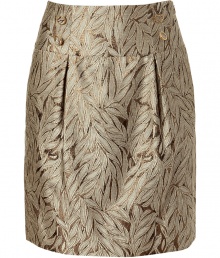 Add instant stylish pizzazz to your cocktail-ready look with this metallic mini from Hoss Intropia - Wide waistband with buttons, pleats at waistband, on-seam pockets, mini-length, all-over leaf print, back slit, concealed side zip closure - Wear with an oversized blouse, a leather jacket, and high heel booties Add instant stylish pizzazz to your cocktail-ready look with this metallic mini from Hoss Intropia - Wide waistband with buttons, pleats at waistband, on-seam pockets, mini-length, all-over leaf print, back slit, concealed side zip closure - Wear with an oversized blouse, a leather jacket, and high heel booties