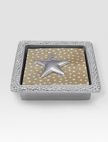 EXCLUSIVELY AT SAKS. Lustrous, sandcast aluminum adds a stunning touch to a traditional napkin box. A star weight holds cocktail napkins at bay, making it the ideal accompaniment to an outdoor gathering. Includes a set of cocktail napkins Recycled sandcast aluminum Hand wash 5¾W X 1½H X 5¾D Imported 