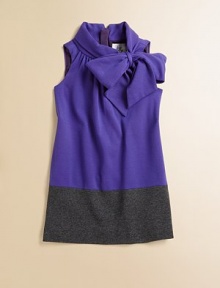 Rendered in Italian ponti jersey, this sleeveless, colorblocked frock has a fancy, frilly bowneck.Turtleneck with fixed bowSleevelessHidden back zipperViolet: 85% viscose/11% nylon/4% elastaneSlate: 98% viscose/2% elastaneDry cleanMade in the USA of imported fabric Rendered in Italian ponti jersey, this sleeveless, colorblocked frock has a fancy, frilly bowneck.Turtleneck with fixed bowSleevelessHidden back zipperViolet: 85% viscose/11% nylon/4% elastaneSlate: 98% viscose/2% elastaneDry cleanMade in the USA of imported fabric