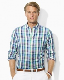 Rendered from brushed cotton twill for a soft, smooth hand, a trim-fitting sport shirt exudes preppy style in a bright plaid pattern. Rendered from brushed cotton twill for a soft, smooth hand, a trim-fitting sport shirt exudes preppy style in a bright plaid pattern.