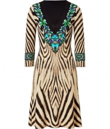 Inject bold style to your office-to-evening look with this trompe loeil animal printed dress from Roberto Cavalli - V-neck with jewel-tone necklace print, three-quarter sleeves with bracelet print detailed cuffs, fitted bodice, flared skirt, all-over animal print - Pair with high heel booties and a shoulder bag Inject bold style to your office-to-evening look with this trompe loeil animal printed dress from Roberto Cavalli - V-neck with jewel-tone necklace print, three-quarter sleeves with bracelet print detailed cuffs, fitted bodice, flared skirt, all-over animal print - Pair with high heel booties and a shoulder bag