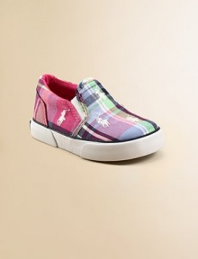 Smart, sturdy cotton canvas slip-ons, sprinkled with bright polo ponies and a brilliant plaid print to mix and match with summer play clothes.Slip-onCotton canvas upperElasticized side goresPlush terry liningRubber solePadded insoleImported Smart, sturdy cotton canvas slip-ons, sprinkled with bright polo ponies and a brilliant plaid print to mix and match with summer play clothes.Slip-onCotton canvas upperElasticized side goresPlush terry liningRubber solePadded insoleImported