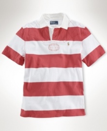 A short-sleeved rugby shirt is cut for a comfortable, classic fit from rustic utility cotton jersey with bold stripes for masculine polish.