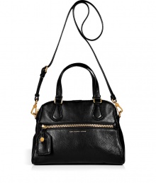 Detailed in textural black leather with a practical crossbody strap, Marc by Marc Jacobs convertible tote lends a cool Downtown edge to every outfit - Zippered front pocket with luggage tag, metallic embossed logo, double top handles, removable belted shoulder strap, zippered top, inside zippered back wall pocket, 2 front wall slot pockets - Sling across for work, school, or weekend shopping Detailed in textural black leather with a practical crossbody strap, Marc by Marc Jacobs convertible tote lends a cool Downtown edge to every outfit - Zippered front pocket with luggage tag, metallic embossed logo, double top handles, removable belted shoulder strap, zippered top, inside zippered back wall pocket, 2 front wall slot pockets - Sling across for work, school, or weekend shopping