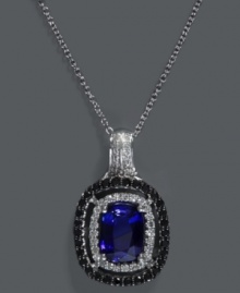 Sparkling bliss. Add luxury with Effy Collection's stunning cushion-cut pendant. Set in 14k white gold, necklace highlights a diffused ceylon sapphire (1-3/4 ct. t.w.) surrounded by round-cut white diamonds (1/8 ct. t.w.) and black diamonds (1/4 ct. t.w.). Approximate length: 18 inches. Approximate drop length: 9/10 inch. Approximate drop width: 1/2 inch. Sparkling bliss. Add luxury with Effy Collection's stunning cushion-cut pendant. Set in 14k white gold, necklace highlights a diffused ceylon sapphire (1-3/4 ct. t.w.) surrounded by round-cut white diamonds (1/8 ct. t.w.) and black diamonds (1/4 ct. t.w.). Approximate length: 18 inches. Approximate drop length: 9/10 inch. Approximate drop width: 1/2 inch.