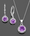 Polished purple. Shimmering, brightly-hued amethyst (3 ct. t.w.) radiates beauty on this pendant and earring set by Victoria Townsend. Crafted in sterling silver with sparkling diamond accents. Approximate length: 18 inches. Approximate pendant drop: 1/2 inch. Approximate earring drop: 1 inch.