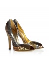 Channel luxe disco-inspired style in these multicolored metallic peep-toe pumps from Casadei - Peep-toe, multicolored metallic panels, high stiletto heel - Wear with a flowing halter neck dress or a pencil skirt and a tie-neck blouse