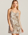 In Bloom's animal print chemise shows off an ornately crocheted racerback.