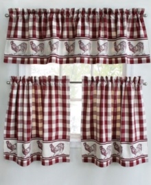 Wake up to classic country chic with Provencial Rooster window treatments, featuring a bold gingham check and fun rooster border. Pure cotton. Wake up to classic country chic with Provencial Rooster window treatments, featuring a bold gingham check and fun rooster border. Pure cotton.