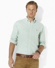 A versatile essential for every gentleman's wardrobe, a soft oxford-woven cotton sport shirt is tailored in a classic-fitting silhouette for timeless style. A versatile essential for every gentleman's wardrobe, a soft oxford-woven cotton sport shirt is tailored in a classic-fitting silhouette for timeless style.