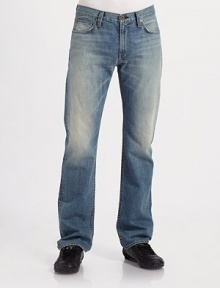 A relaxed, straight-leg fit in medium-washed indigo denim characterized by gentle fading and subtle whiskering at the points of wear. Five-pocket style Low rise Leather logo patch on back waist Inseam, about 36 Cotton Machine wash Made in USA A relaxed, straight-leg fit in medium-washed indigo denim characterized by gentle fading and subtle whiskering at the points of wear. Five-pocket style Low rise Leather logo patch on back waist Inseam, about 36 Cotton Machine wash Made in USA