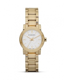 Freshen up your face with this gold-plated stainless steel watch from Burberry, accented by a check stamped dial. With Swiss movement and a slim profile, this understated style is a functional day-to-day choice. Freshen up your face with this gold-plated stainless steel watch from Burberry, accented by a check stamped dial. With Swiss movement and a slim profile, this understated style is a functional day-to-day choice.