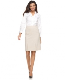 Kick pleats add dimension to this Alfani A-line skirt for a pretty yet polished look! Kick pleats add dimension to this Alfani A-line skirt for a pretty yet polished look!