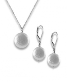 Lustrous light. Precious freshwater pearl coins (12 mm) create a divinely elegant and understated look in this necklace and earring set. Set in sterling silver. Approximate length: 18 inches. Approximate drop: 1/2 inch. Approximate earring drop: 1/2 inch.