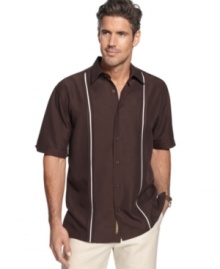 Go vertical. Straighten up your style with this short-sleeved, paneled shirt from Cubavera.