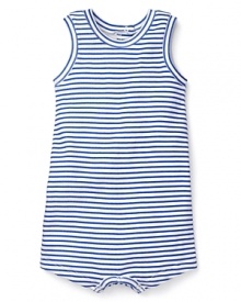 Nautical stripes and a quirky-cool diving man printed on back give this adorable Pearls & Popcorn romper a whimsical feel.