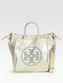 Stunning metallic pebbled leather with an iconic, perforated logo emblem; perfect for all your essentials.Double top handles, 4½ dropDetachable adjustable shoulder strap, 16-26 dropMagnetic snap closure with drawstringOne outside open pocketOne inside zip pocketTwo inside open pocketsCotton lining11¾W X 14½H X 6½DImported