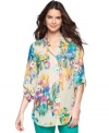 The prettiest floral print updates a boyfriend-shirt tunic from Sunny Leigh. Try it with this season's colorful jeans or tailored shorts!