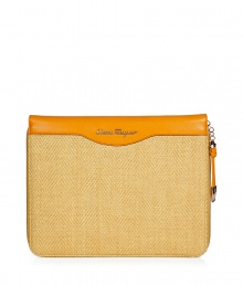 Carry your iPad around in style with this luxe sleeve from Salvatore Ferragamo - Raffia with leather trim, front logo detail, zip closure - Perfect for work or as a thoughtful gift Carry your iPad around in style with this luxe sleeve from Salvatore Ferragamo - Raffia with leather trim, front logo detail, zip closure - Perfect for work or as a thoughtful gift