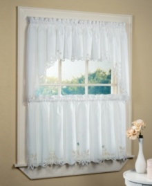 Enjoy the simple elegance of tiered café curtains graced with lovely Battenburg lace. The perfect accent for kitchen, bath or bedroom windows. Enjoy the simple elegance of tiered café curtains graced with lovely Battenburg lace. The perfect accent for kitchen, bath or bedroom windows.