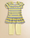 A soft terry tunic adorned with prominent stripes and convenient pockets tops a wear-everywhere basic.Envelope necklineShort cap sleevesPullover styleKangaroo pocketsSkirted hemElastic waistbandGraphic embroideryTunic: 80% cotton/20% polyesterLeggings: 94% cotton/6% spandexMachine washImportedAdditional InformationKid's Apparel Size Guide 