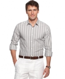 Step up your shirt style with this striped woven from Perry Ellis.