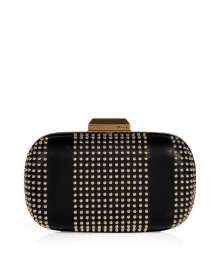 Inject edgy-luxe appeal to your black tie or evening looks with this round frame studded clutch from Emilio Pucci - Round hard frame, brass-tone logo snap top closure, stud detailed panels on leather, patterned silk lining - Pair with a floor-sweeping evening gown and metallic Inject edgy-luxe appeal to your black tie or evening looks with this round frame studded clutch from Emilio Pucci - Round hard frame, brass-tone logo snap top closure, stud detailed panels on leather, patterned silk lining - Pair with a floor-sweeping evening gown and metallic
