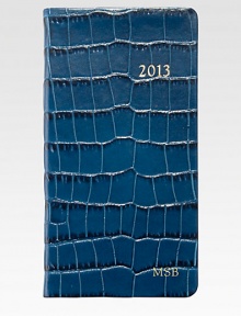 Hand-crafted, Smyth-sewn crocodile-embossed leather diary features month-at-a-view and week-at-a-view pages.Gilt-edged acid-free creamy white paperAbout 3W X 6HMade in USA Hand-crafted, Smyth-sewn crocodile-embossed leather diary features month-at-a-view and week-at-a-view pages.Gilt-edged acid-free creamy white paperAbout 3W X 6HMade in USA