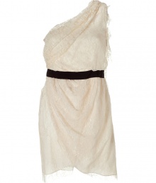 Imbue your cocktail look with romantic whimsy with this lace dress from Malene Birger - Draped asymmetrical neckline with one-sided cascading lace detail, draped sides, contrasting waistband, concealed side zip closure, asymmetrical hem - Pair with fishnets, sky-high platforms, and a statement clutch