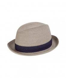 Stylish hat in fine, sand-colored woven viscose - A modern spin on the classic Trilby - Chic contrast navy trim - An elegant, go-to accessory this season and an indispensable warm weather must - Pair with button downs, t-shirts and Bermudas or linen pants Stylish hat in fine, sand-colored woven viscose - A modern spin on the classic Trilby - Chic contrast navy trim - An elegant, go-to accessory this season and an indispensable warm weather must - Pair with button downs, t-shirts and Bermudas or linen pants