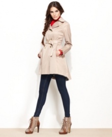 Bringing a new look to a timeless classic, Bebe updates a trench coat with a trendy high-low hem and a wild leopard-print lining. Bringing a new look to a timeless classic, Bebe updates a trench coat with a trendy high-low hem and a wild leopard-print lining.