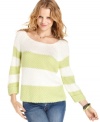 Thick stripes and a lovely boat neckline make this raglan-sleeve sweater from It's Our Time an easy choice for the season.