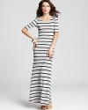 Aqua Dress - Elbow Sleeve Stripe Maxi