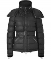 With a feminine silhouette, this luxe quilted jacket from Belstaff will be a season-to-season favorite for years to come - Stand collar, hood with snaps and toggle, front zip closure, , belted waist, zip pockets and cuffs, slim fit - Pair with slim trousers, a blouse, and ankle booties