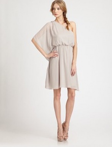 Gorgeous matte chiffon drapes elegantly at one side in a filmy, feminine blouson silhouette.Angled necklineSingle cascade dolman sleeveBlouson bodiceElastic waistAbout 21 from natural waistPolyesterDry cleanImportedModel shown is 5'9 (175cm) wearing US size Small. Gorgeous matte chiffon drapes elegantly at one side in a filmy, feminine blouson silhouette.Angled necklineSingle cascade dolman sleeveBlouson bodiceElastic waistAbout 21 from natural waistPolyesterDry cleanImportedModel shown is 5'9 (175cm) wearing US size Small.