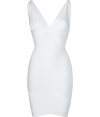 Make a sultry statement in this attention-grabbing white bandage dress from Herv? L?ger - V-neck, bustier-style top, thick spaghetti straps, classic bandage panel detailing with figure-enhancing seams at front, down sides, and at back, concealed back zip closure - Extra form-fitting - Style with sky-high platform sandals and an embellished clutch