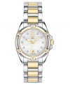 Enduring style and functionality combine with grace in this women's watch from ESQ by Movado. Two-tone stainless steel bracelet and round case. Mother-of-pearl round dial with diamond accent indices, date window and logo. Quartz movement. Water resistant to 100 meters. Two-year limited warranty.