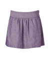 Flirty grape linen mini skirt from Theory - Bring subtle sexy back to your day look with this micro-mini skirt - Banded waist with pleating, slit pockets, super short style, hidden side zip closure - Pair with ribbed wool tights, a cashmere pullover, and knee-high wedge boots